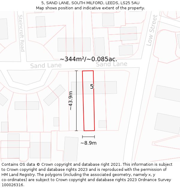 5, SAND LANE, SOUTH MILFORD, LEEDS, LS25 5AU: Plot and title map