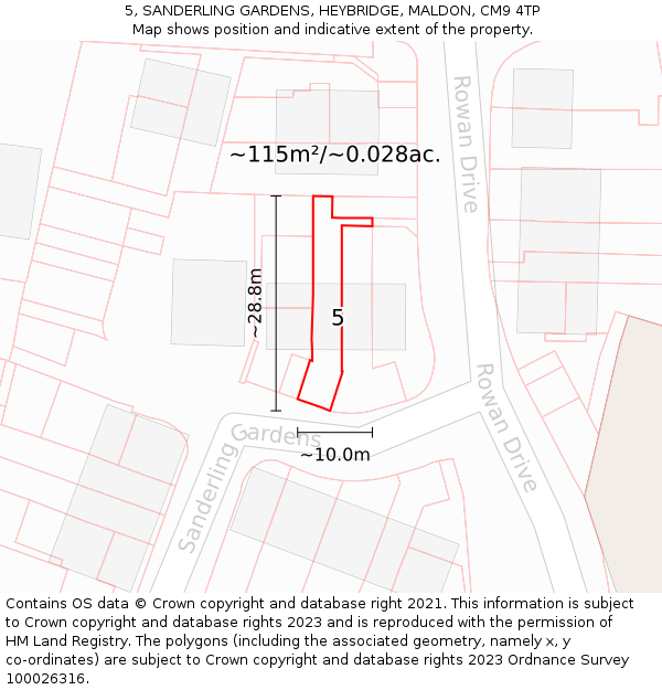 5, SANDERLING GARDENS, HEYBRIDGE, MALDON, CM9 4TP: Plot and title map