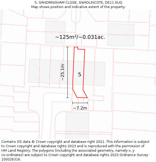 5, SANDRINGHAM CLOSE, SWADLINCOTE, DE11 0UQ: Plot and title map