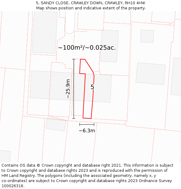 5, SANDY CLOSE, CRAWLEY DOWN, CRAWLEY, RH10 4HW: Plot and title map