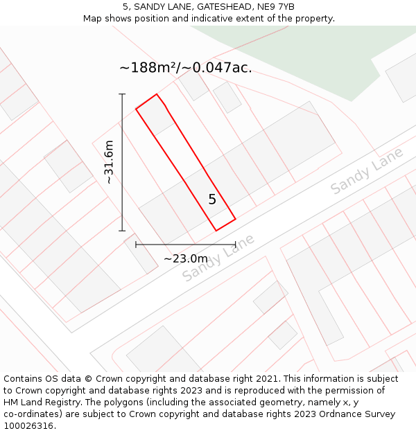 5, SANDY LANE, GATESHEAD, NE9 7YB: Plot and title map