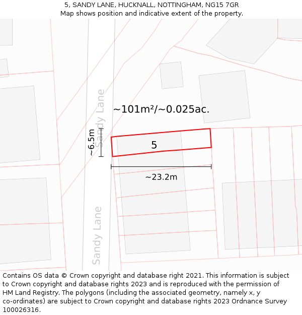 5, SANDY LANE, HUCKNALL, NOTTINGHAM, NG15 7GR: Plot and title map