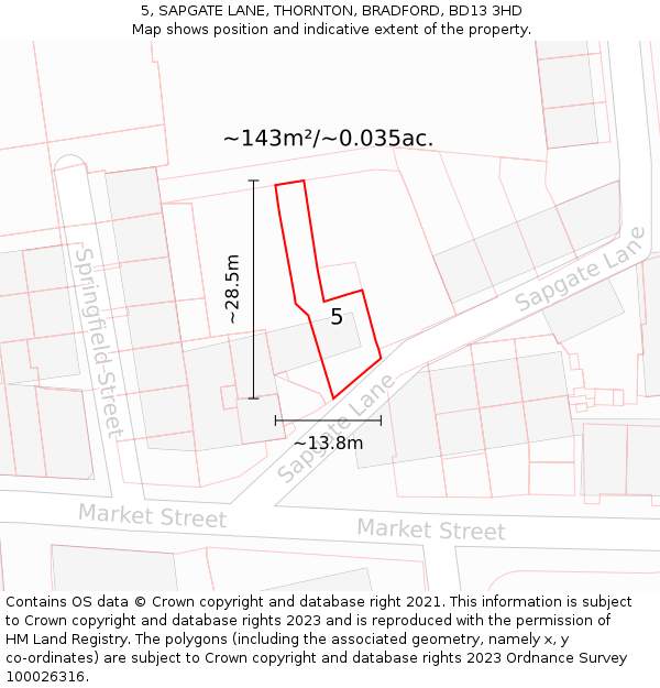 5, SAPGATE LANE, THORNTON, BRADFORD, BD13 3HD: Plot and title map