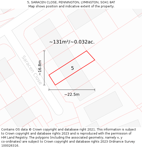 5, SARACEN CLOSE, PENNINGTON, LYMINGTON, SO41 8AT: Plot and title map