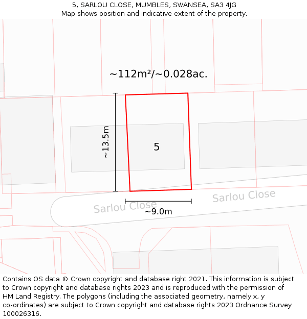 5, SARLOU CLOSE, MUMBLES, SWANSEA, SA3 4JG: Plot and title map
