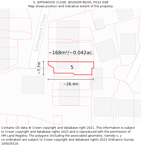 5, SATINWOOD CLOSE, BOGNOR REGIS, PO22 6SB: Plot and title map