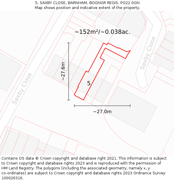 5, SAXBY CLOSE, BARNHAM, BOGNOR REGIS, PO22 0GN: Plot and title map