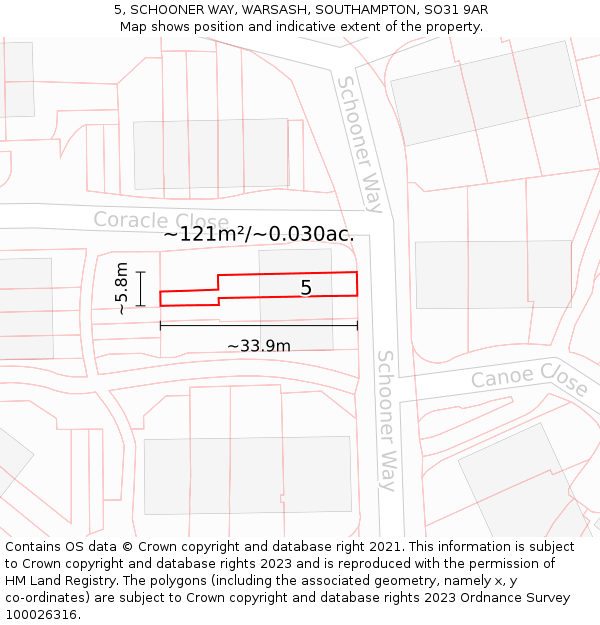 5, SCHOONER WAY, WARSASH, SOUTHAMPTON, SO31 9AR: Plot and title map