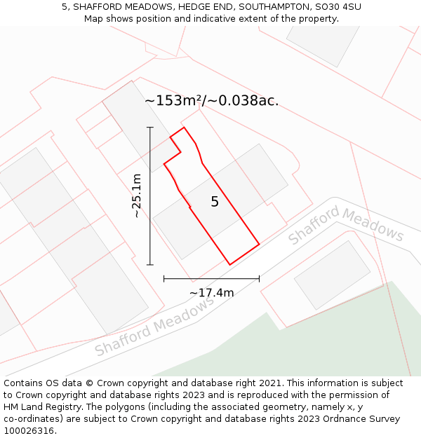 5, SHAFFORD MEADOWS, HEDGE END, SOUTHAMPTON, SO30 4SU: Plot and title map