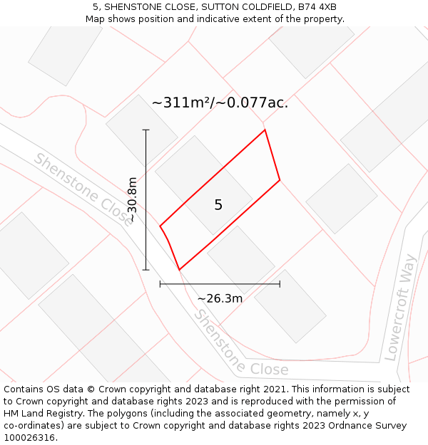 5, SHENSTONE CLOSE, SUTTON COLDFIELD, B74 4XB: Plot and title map