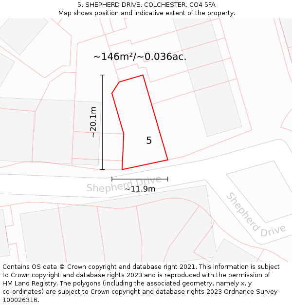 5, SHEPHERD DRIVE, COLCHESTER, CO4 5FA: Plot and title map