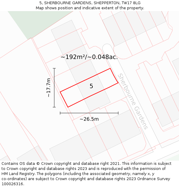5, SHERBOURNE GARDENS, SHEPPERTON, TW17 8LG: Plot and title map