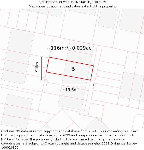 5, SHERIDEN CLOSE, DUNSTABLE, LU6 1UW: Plot and title map