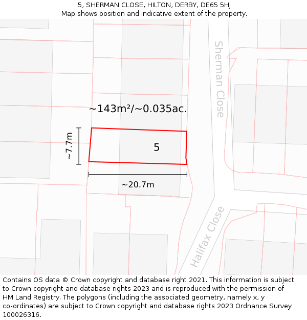 5, SHERMAN CLOSE, HILTON, DERBY, DE65 5HJ: Plot and title map