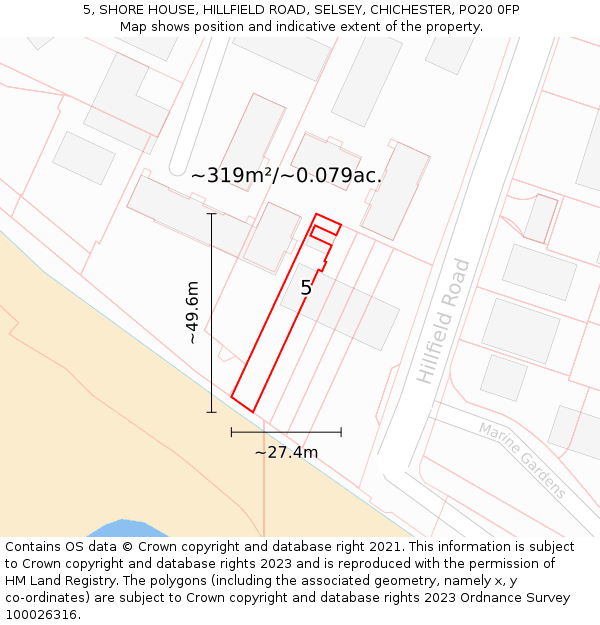 5, SHORE HOUSE, HILLFIELD ROAD, SELSEY, CHICHESTER, PO20 0FP: Plot and title map