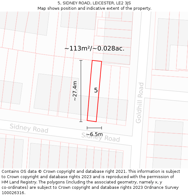 5, SIDNEY ROAD, LEICESTER, LE2 3JS: Plot and title map