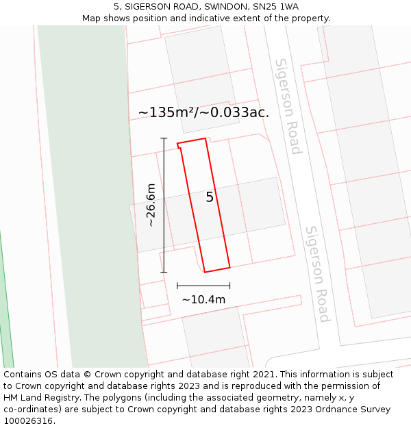 5, SIGERSON ROAD, SWINDON, SN25 1WA: Plot and title map