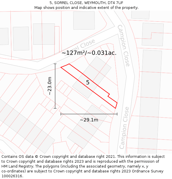 5, SORREL CLOSE, WEYMOUTH, DT4 7UF: Plot and title map