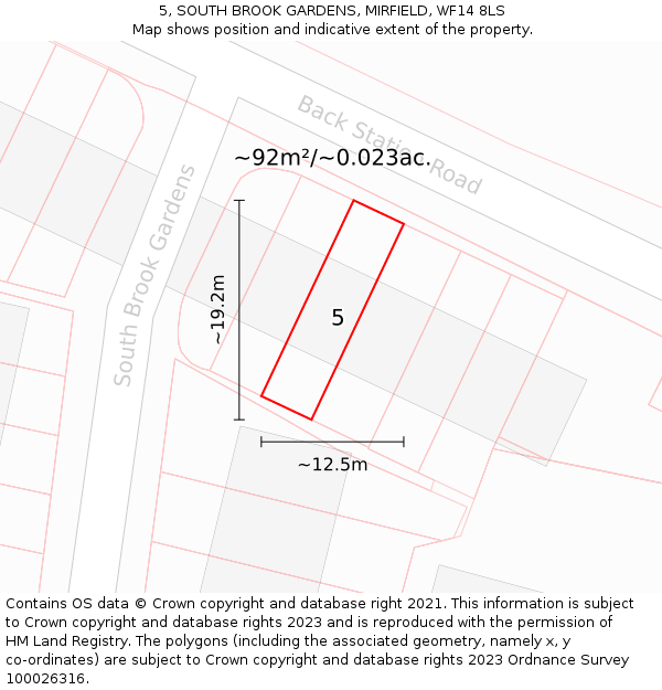 5, SOUTH BROOK GARDENS, MIRFIELD, WF14 8LS: Plot and title map