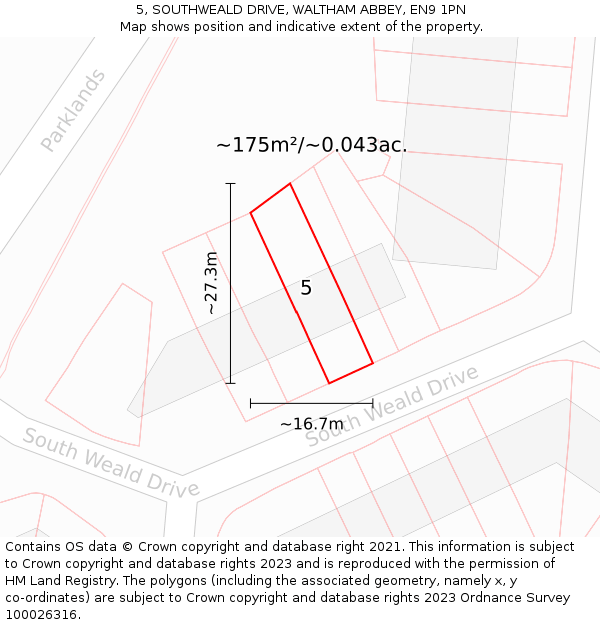 5, SOUTHWEALD DRIVE, WALTHAM ABBEY, EN9 1PN: Plot and title map