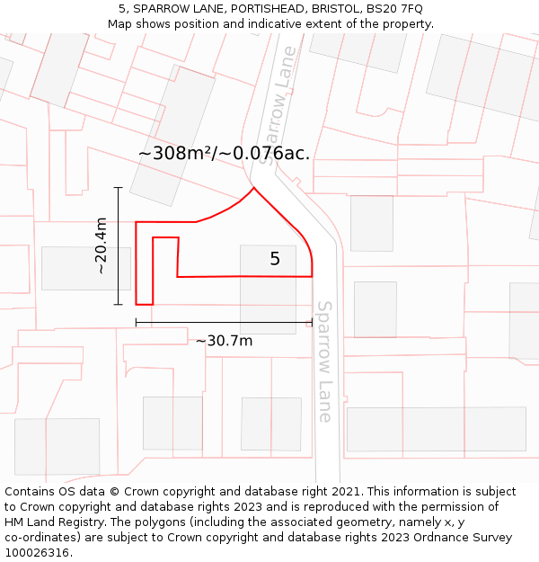 5, SPARROW LANE, PORTISHEAD, BRISTOL, BS20 7FQ: Plot and title map