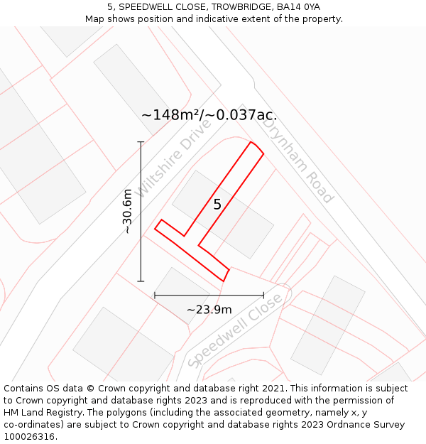 5, SPEEDWELL CLOSE, TROWBRIDGE, BA14 0YA: Plot and title map