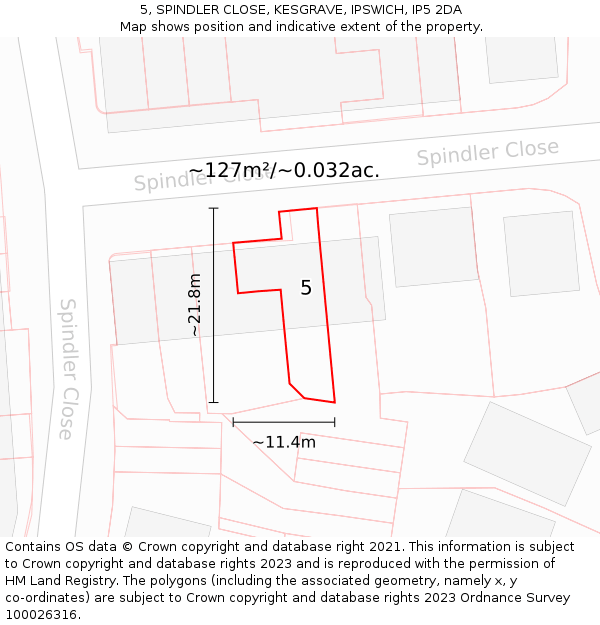 5, SPINDLER CLOSE, KESGRAVE, IPSWICH, IP5 2DA: Plot and title map