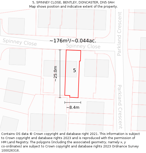 5, SPINNEY CLOSE, BENTLEY, DONCASTER, DN5 0AH: Plot and title map
