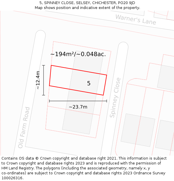 5, SPINNEY CLOSE, SELSEY, CHICHESTER, PO20 9JD: Plot and title map