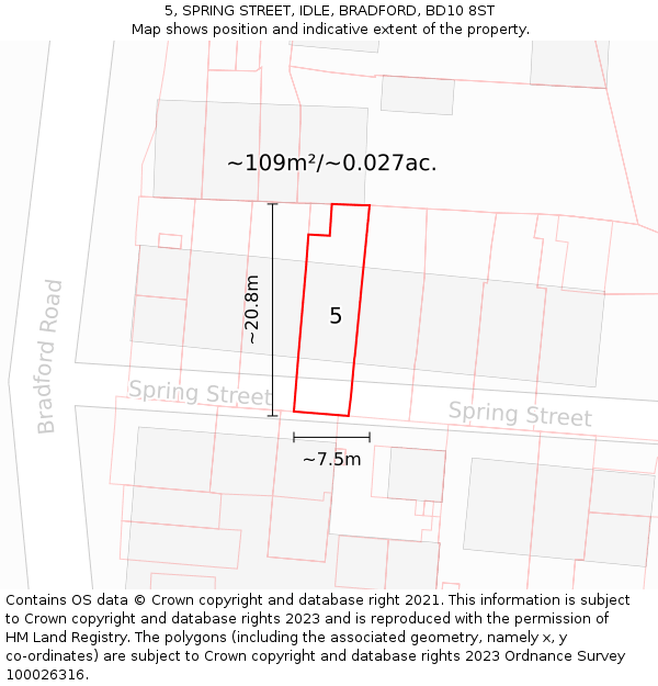 5, SPRING STREET, IDLE, BRADFORD, BD10 8ST: Plot and title map