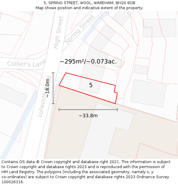 5, SPRING STREET, WOOL, WAREHAM, BH20 6DB: Plot and title map