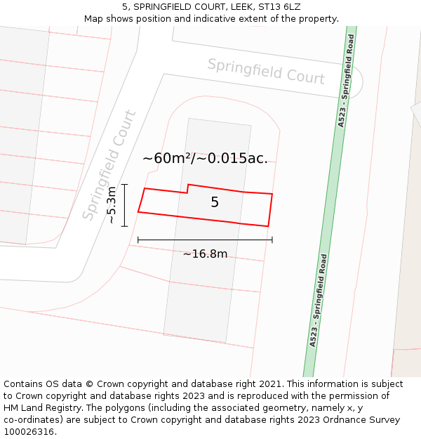 5, SPRINGFIELD COURT, LEEK, ST13 6LZ: Plot and title map