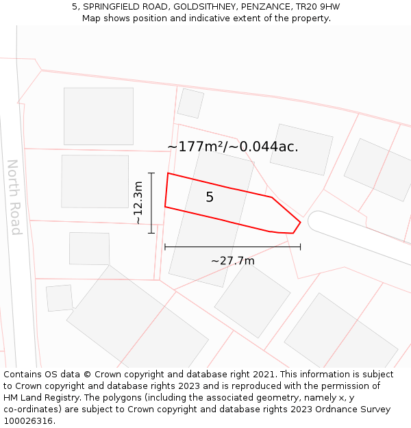 5, SPRINGFIELD ROAD, GOLDSITHNEY, PENZANCE, TR20 9HW: Plot and title map