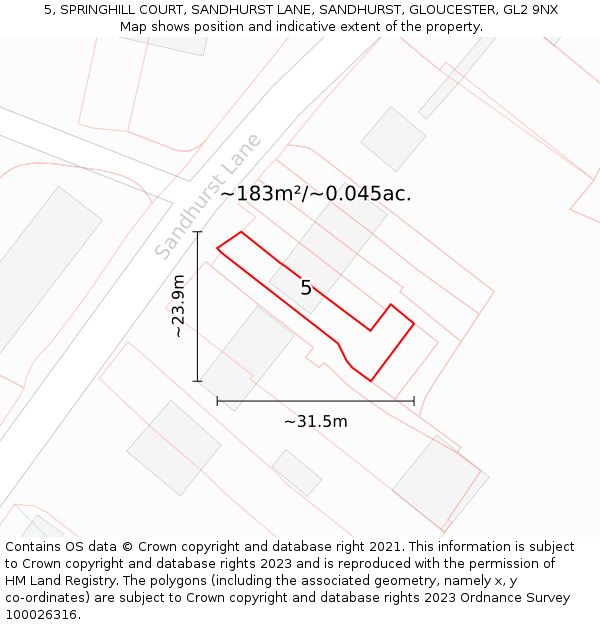 5, SPRINGHILL COURT, SANDHURST LANE, SANDHURST, GLOUCESTER, GL2 9NX: Plot and title map