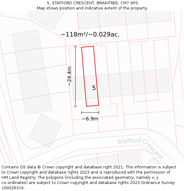 5, STAFFORD CRESCENT, BRAINTREE, CM7 9PS: Plot and title map