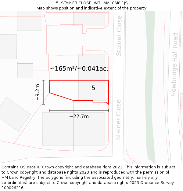 5, STAINER CLOSE, WITHAM, CM8 1JS: Plot and title map