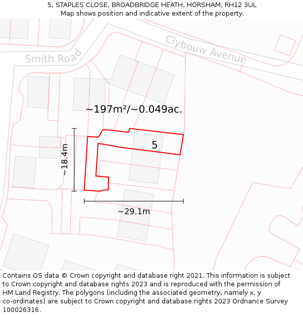 5, STAPLES CLOSE, BROADBRIDGE HEATH, HORSHAM, RH12 3UL: Plot and title map