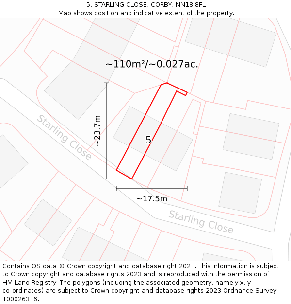5, STARLING CLOSE, CORBY, NN18 8FL: Plot and title map