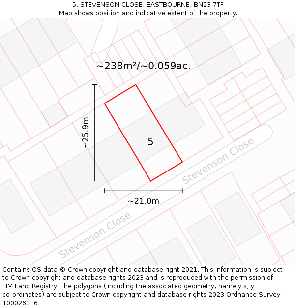 5, STEVENSON CLOSE, EASTBOURNE, BN23 7TF: Plot and title map