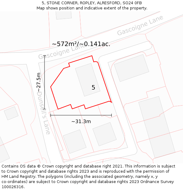 5, STONE CORNER, ROPLEY, ALRESFORD, SO24 0FB: Plot and title map