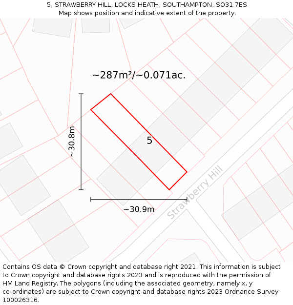 5, STRAWBERRY HILL, LOCKS HEATH, SOUTHAMPTON, SO31 7ES: Plot and title map