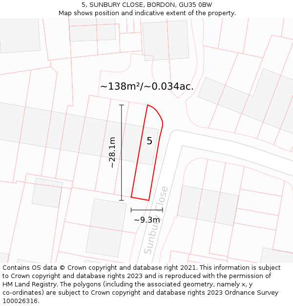5, SUNBURY CLOSE, BORDON, GU35 0BW: Plot and title map