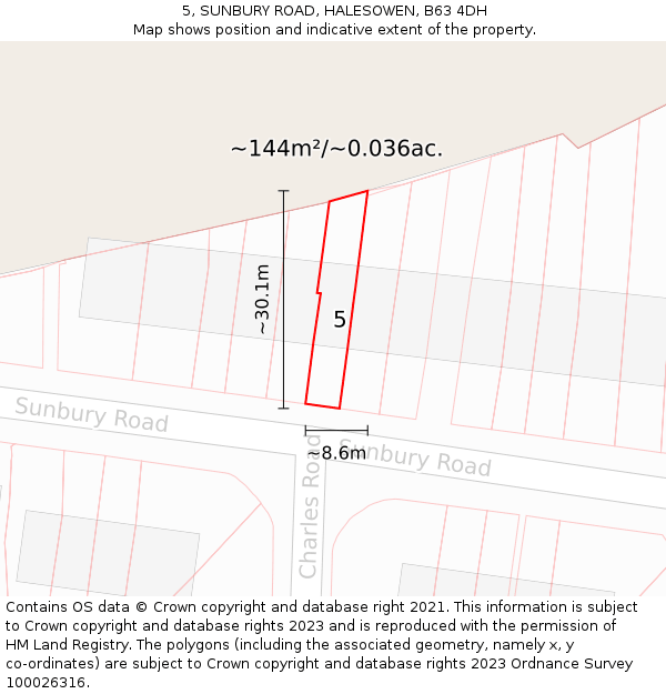 5, SUNBURY ROAD, HALESOWEN, B63 4DH: Plot and title map