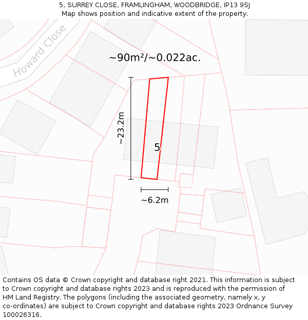 5, SURREY CLOSE, FRAMLINGHAM, WOODBRIDGE, IP13 9SJ: Plot and title map