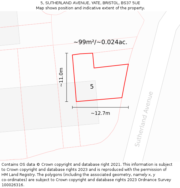 5, SUTHERLAND AVENUE, YATE, BRISTOL, BS37 5UE: Plot and title map