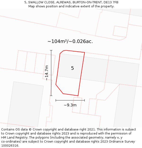 5, SWALLOW CLOSE, ALREWAS, BURTON-ON-TRENT, DE13 7FB: Plot and title map