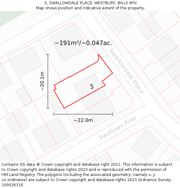 5, SWALLOWDALE PLACE, WESTBURY, BA13 4FN: Plot and title map