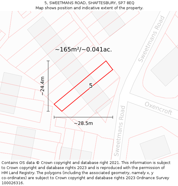 5, SWEETMANS ROAD, SHAFTESBURY, SP7 8EQ: Plot and title map