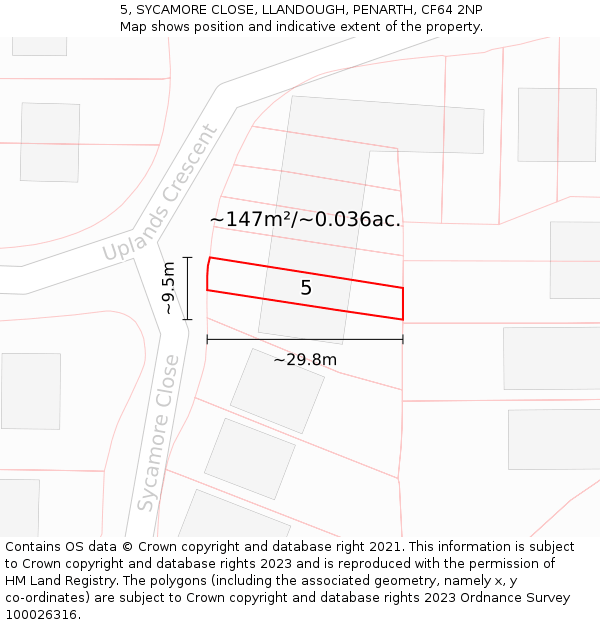 5, SYCAMORE CLOSE, LLANDOUGH, PENARTH, CF64 2NP: Plot and title map