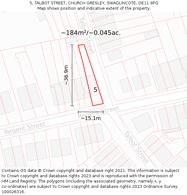 5, TALBOT STREET, CHURCH GRESLEY, SWADLINCOTE, DE11 9PG: Plot and title map